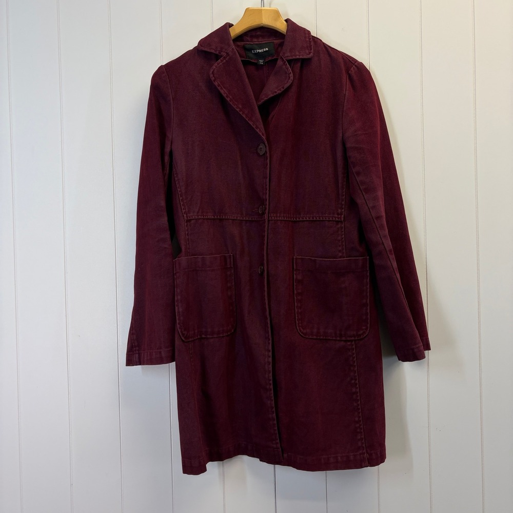 Express Y2K Dark Academia Duster Jacket Women Size 7/8 Burgundy Indie Grunge